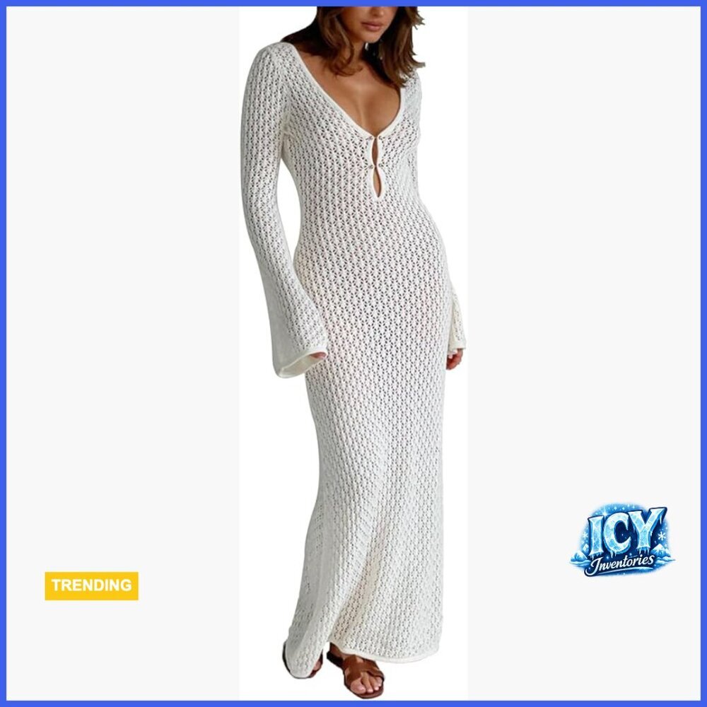Crochet Hollow Out Backless Maxi Dress Beach Coverup